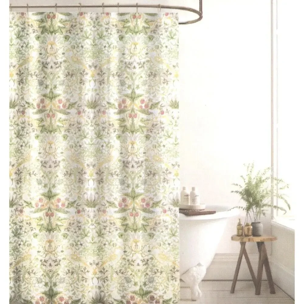 William Morris & Co Bird Strawberry Thief Shower Curtain Green Golden Yellow